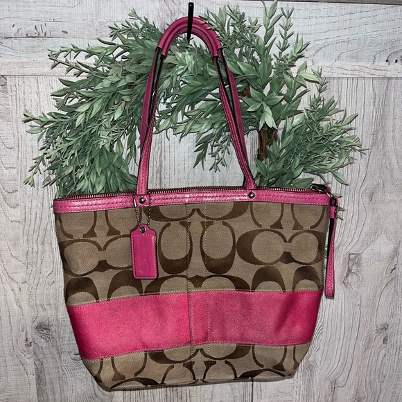 COACH F13548 - Legacy Signature Canvas Brown Pink Y2K Authentic Shoulder Tote - Picture 2 of 13